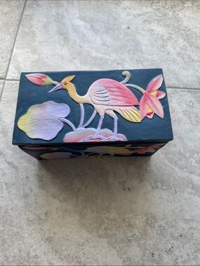 Vintage flamingo carved wood box. Colorful and beautiful